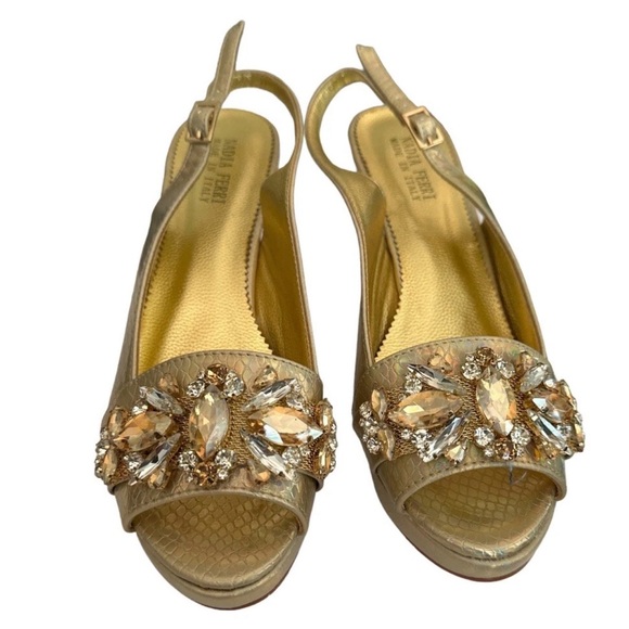 Nadia Ferri ~ Size 9.5 ~ Gold Snakeskin Platform Heels Rhinestones Italy Women’s - Picture 2 of 11